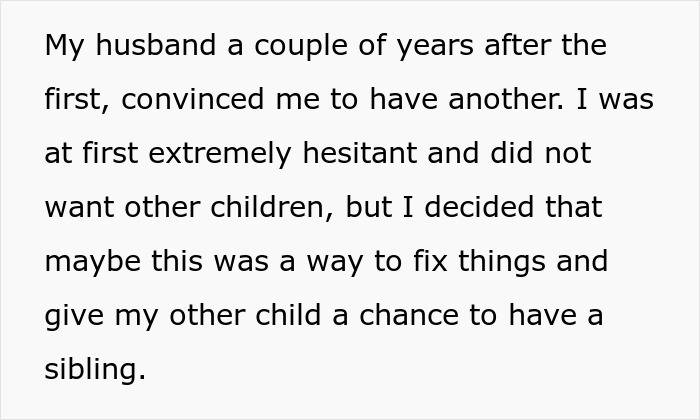 Text excerpt about a mom hesitant to have another child, reflecting on family dynamics and sibling relationships.