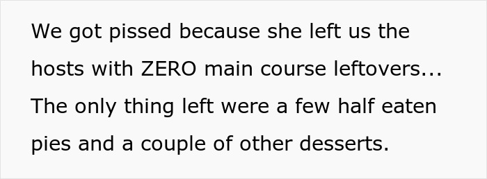 Text showing frustration about no main course leftovers at an expensive Thanksgiving dinner hosted by a couple. Text showing frustration about no main course leftovers at an expensive Thanksgiving dinner hosted by a couple.