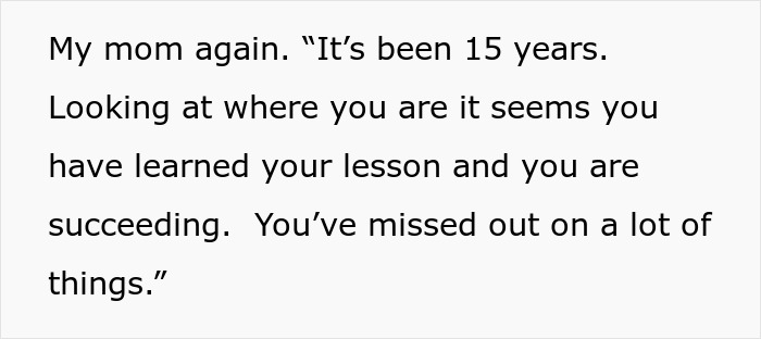 Text showing a message about family disownment and the emotional impact of shame, guilt, and embarrassment after 15 years.