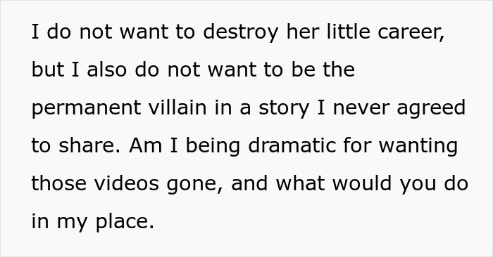 Text on a white background expressing frustration about a TikTok fame built on lies and unwanted sharing of a personal story.