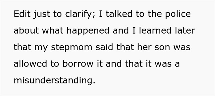 Text excerpt explaining a misunderstanding involving a half-brother and a car theft in a family dispute.