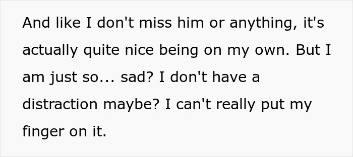 Text excerpt showing a woman feeling sad and reflecting on being on her own after finding secret texts from fianc&eacute;.