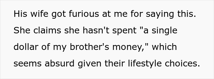 Screenshot of text about brother money wife family dispute claiming she hasn't spent a single dollar