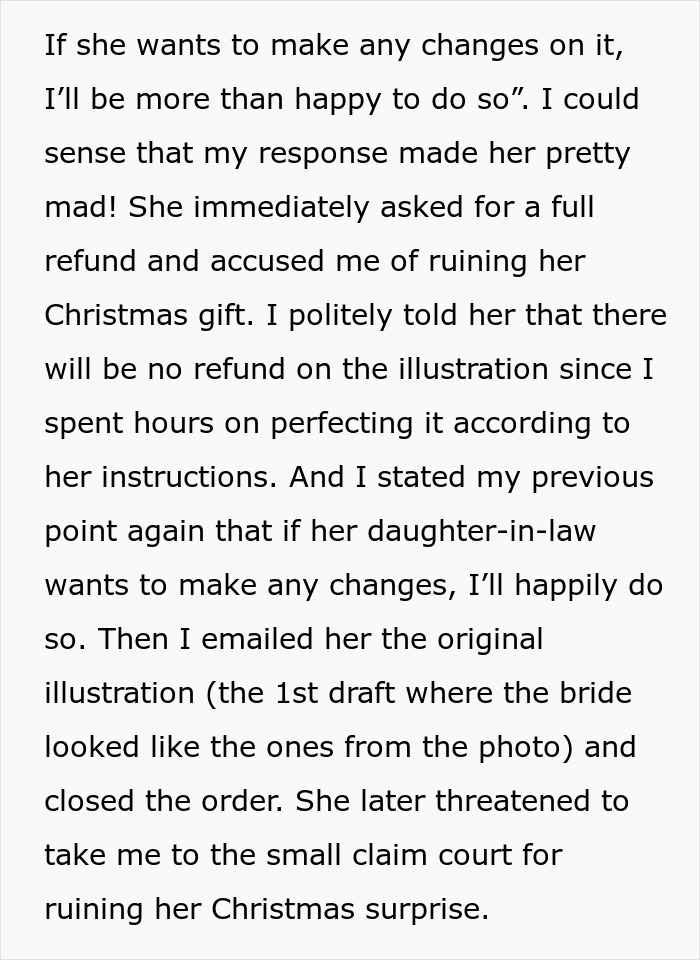 Email correspondence showing dispute over a wedding illustration where MIL&rsquo;s plan to make bride look ugly backfires.