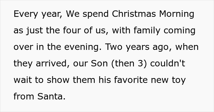 Text excerpt about family Christmas morning traditions and a child's gift from Santa, highlighting grandma's unusual holiday competition.