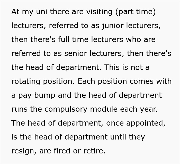 Text about university lecturers explaining roles and job security related to promotions and department heads.