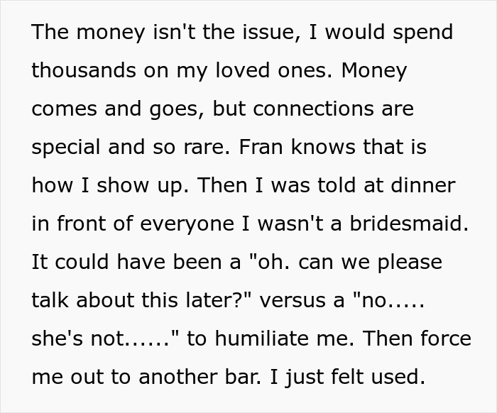 Text about painful friendship experience during a wedding dress shopping trip causing emotional distress. Text about painful friendship experience during a wedding dress shopping trip causing emotional distress.