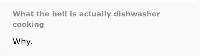 Text image showing the phrase What the hell is actually dishwasher cooking, followed by the word Why.