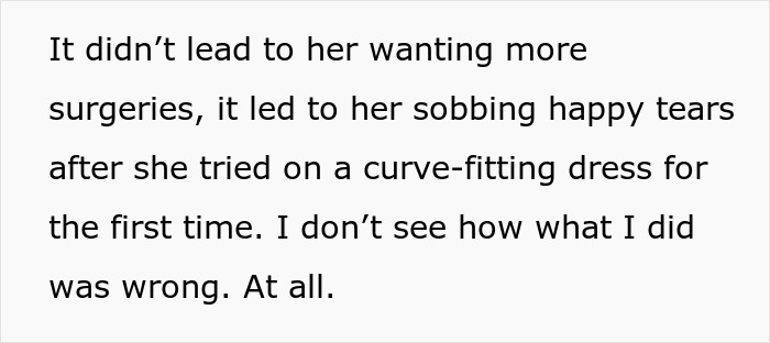 Text excerpt discussing emotional impact of aunt paying niece&rsquo;s tummy tuck surgery and related drama.