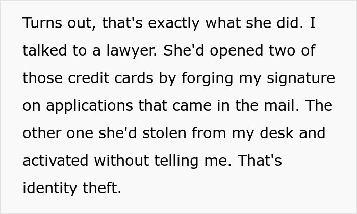 Text excerpt describing identity theft in a troubled marriage where wife treats husband as ATM machine.