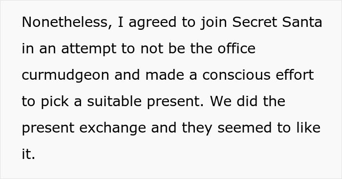 Close-up of text about joining Secret Santa, referencing a racist gift that horrified the girlfriend