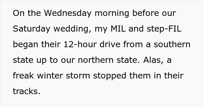 Mother-in-law demands wedding venue changes as couple gets stuck due to freak winter storm delays.