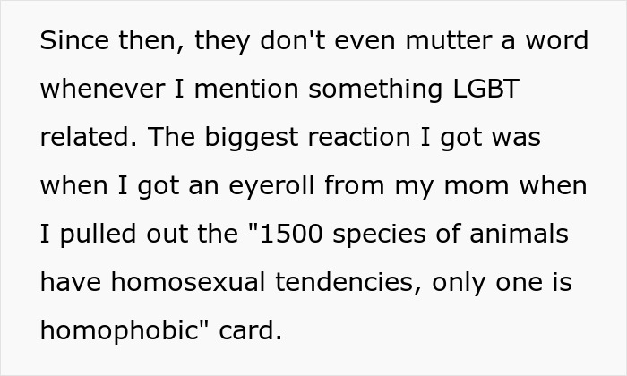 Text excerpt about a secretly gay teen teaching homophobic parents a lesson on respect using facts.