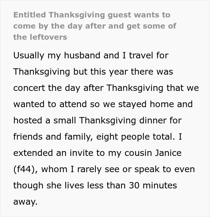Alt text: Entitled Thanksgiving guest leaves without goodbye and insists on leftovers the next day from family dinner. Alt text: Entitled Thanksgiving guest leaves without goodbye and insists on leftovers the next day from family dinner.