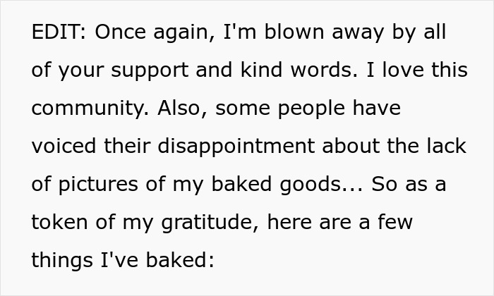Text on a white background expressing gratitude and mentioning baked goods in response to community support.