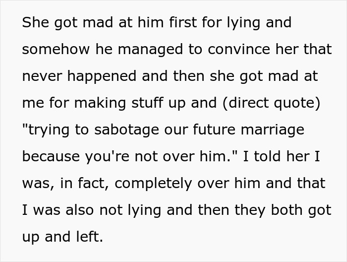 Text excerpt describing a man lying about saving himself for marriage to please his fianc&eacute;e, forgetting her sister is his ex.