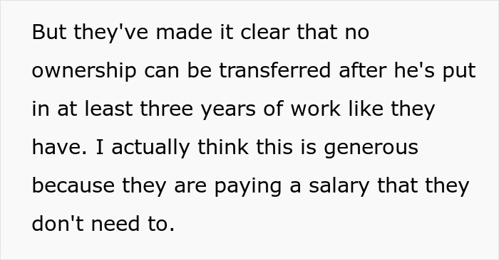 Text excerpt discussing ownership transfer and salary in a craft skills business started by half-brothers. Text excerpt discussing ownership transfer and salary in a craft skills business started by half-brothers.