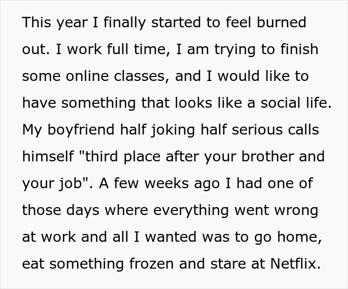 Text excerpt showing a woman’s struggle caring for her autistic brother while managing burnout and demanding parents. Text excerpt showing a woman’s struggle caring for her autistic brother while managing burnout and demanding parents.