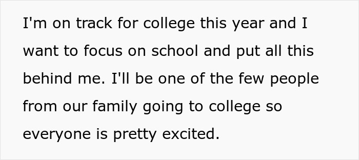 Text on a white background reading a teen discussing being on track for college and wanting to focus on school.