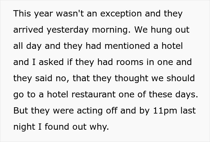 Text excerpt about siblings arriving and acting suspiciously before a surprise revelation in a family conflict context.