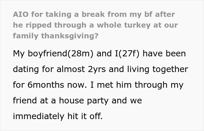 Guy can't control hunger as he rips through a turkey, girlfriend embarrassed in front of family at dinner.