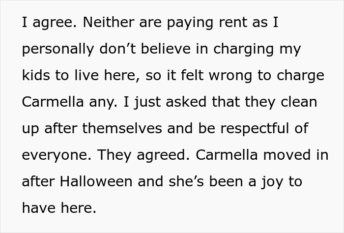 Text excerpt discussing mom not charging rent to son's girlfriend who offered to cook meals while living together.