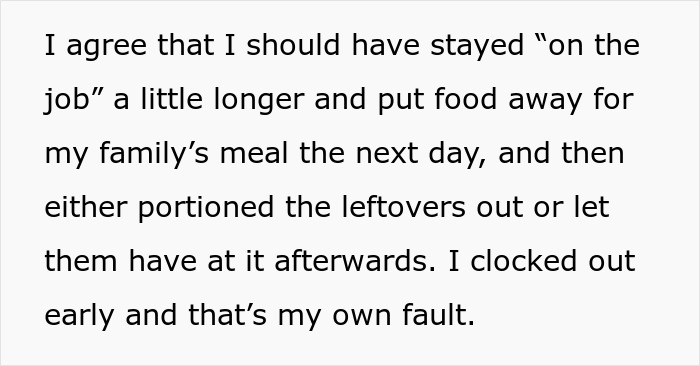 Text excerpt from Thanksgiving host admitting fault after family clears leftovers, leaving empty fridge after holiday meal.