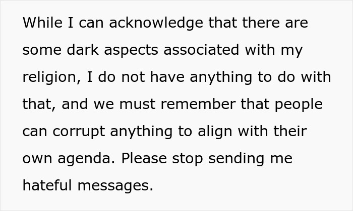 Text stating a person acknowledges dark aspects of religion but denies involvement and urges to stop hateful messages, family conflict context.