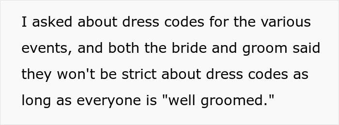 Text discussing bride and groom's dress code expectations, emphasizing guests be well groomed to avoid discomfort.