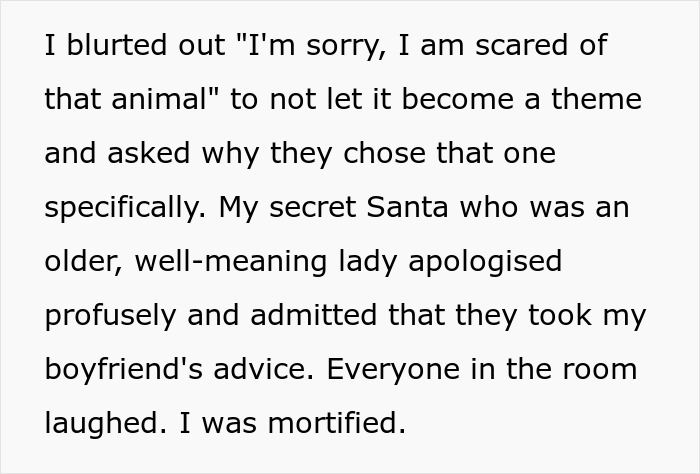 Paragraph screenshot about a woman mortified after receiving a racist gift tied to her boyfriend's suggestion