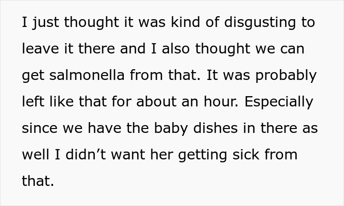 Woman loses appetite after seeing how her mother-in-law prepares chicken, fearing salmonella and health risks for the baby.