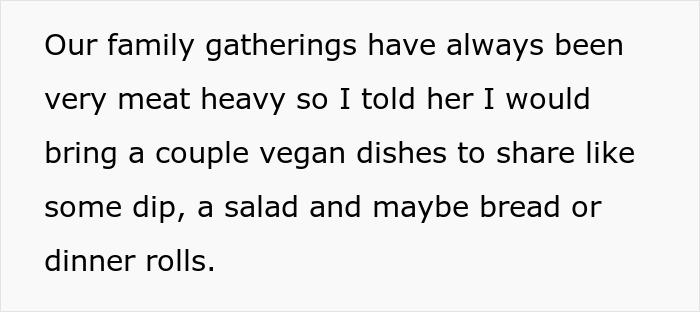 Text about family gatherings being meat heavy, mentioning bringing vegan dishes like dip, salad, and bread for no vegan options Christmas Eve dinner.