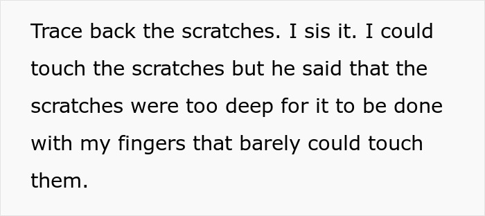 Text about wife explaining deep scratches on her back and husband with trust issues wanting to install CCTV at home.