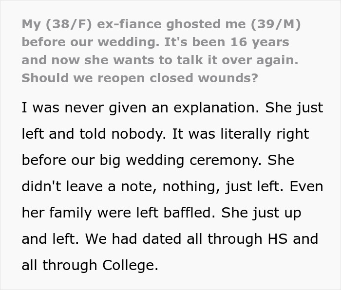 Man left without closure after fiancé disappears before wedding, now hearing from her 16 years later, seeking answers.