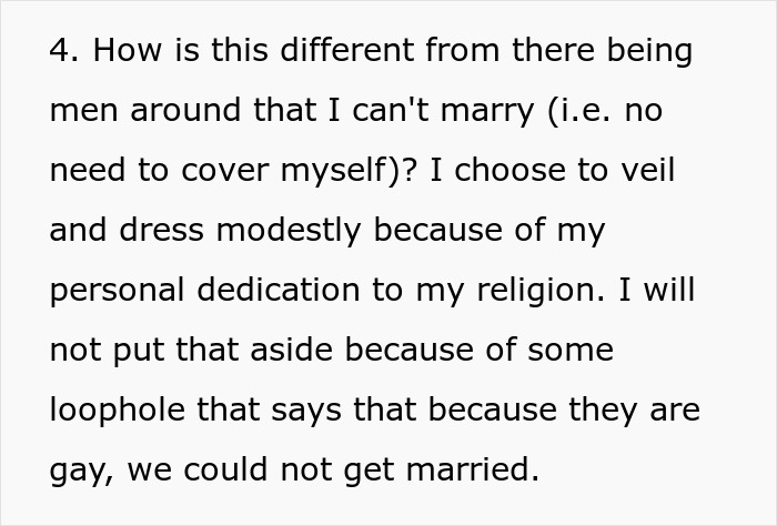 Text explaining personal choice to veil and dress modestly due to religious dedication amid family conflict over bikini.