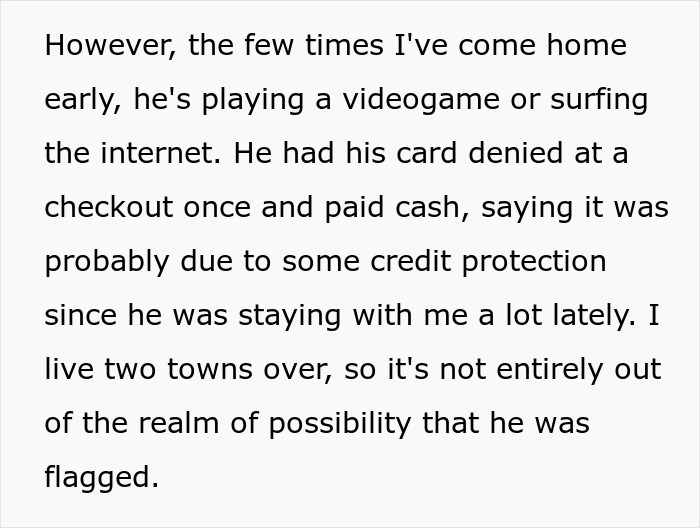 Text excerpt from a relationship story where a woman discovers her boyfriend built their relationship on lies.