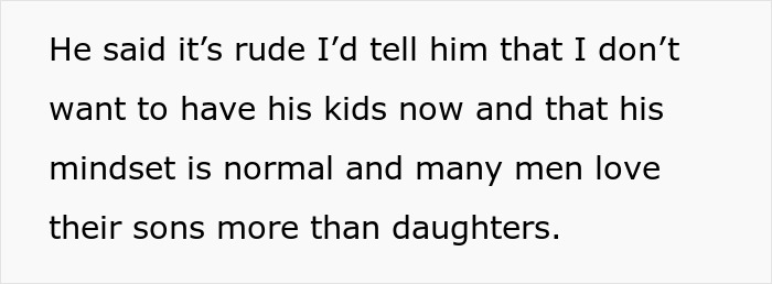 Text excerpt about a boyfriend saying many men love their sons more than daughters, sparking conflict about future kids. Text excerpt about a boyfriend saying many men love their sons more than daughters, sparking conflict about future kids.