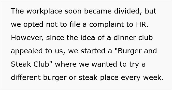Text excerpt about an employee pushback leading to a burger and steak club opposing vegan-only club.