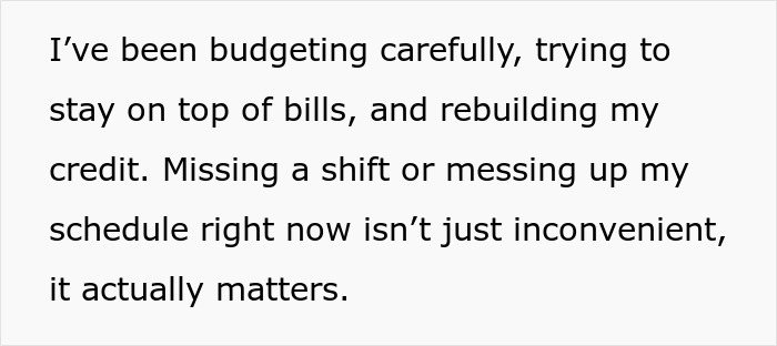 Text excerpt about budgeting and work schedule, reflecting a woman feeling entitled to a day off on Christmas because of kids.