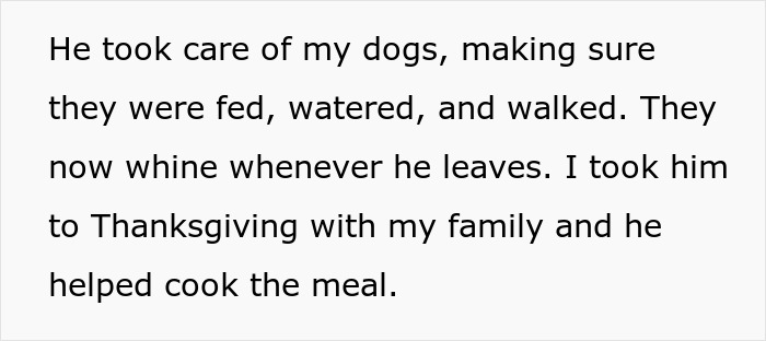 Text showing a woman explaining how her boyfriend took care of her dogs and helped with Thanksgiving dinner.