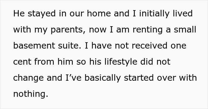 Text about woman regretting divorce and facing reality check after separation, sharing her struggle with lifestyle changes.