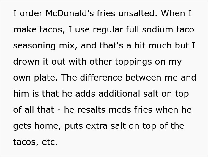 Text discussing differences in salt usage habits between a woman and her boyfriend when eating fast food and homemade tacos.