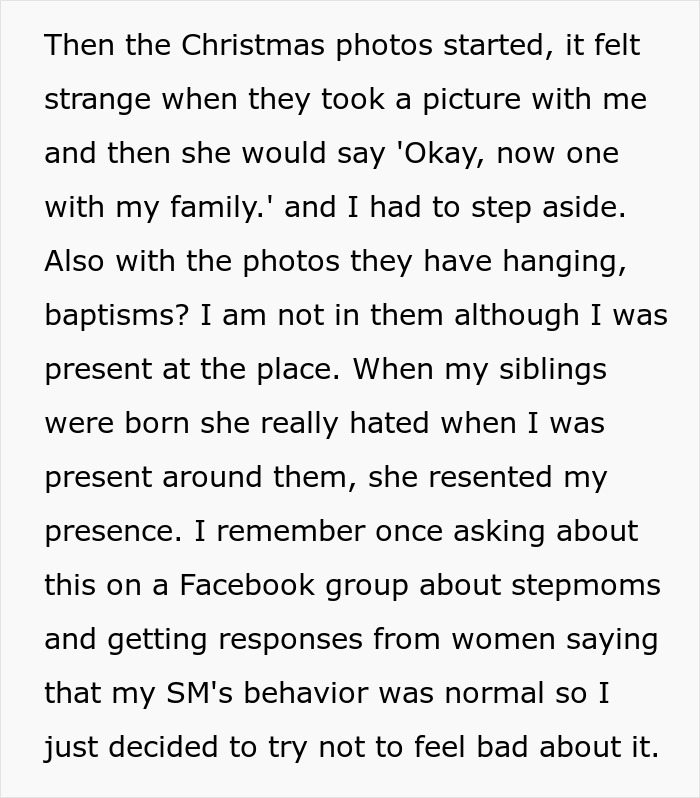 Teen shares feelings about stepmother's insecurity and true colors amid family events and photos excluding her presence.