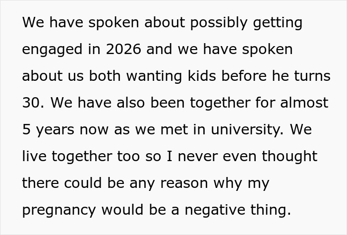 Text excerpt about 28-year-old discussing wanting a baby before 30 and girlfriend&rsquo;s pregnancy reaction.