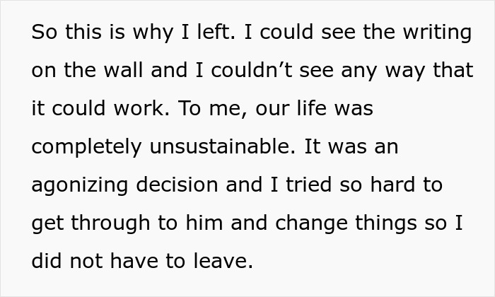 Text excerpt showing a woman explaining why she left due to an unsustainable marriage and regretting her divorce reality.