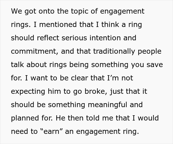 Text excerpt about engagement rings and the expectation to earn an engagement ring after years of commitment. Text excerpt about engagement rings and the expectation to earn an engagement ring after years of commitment.