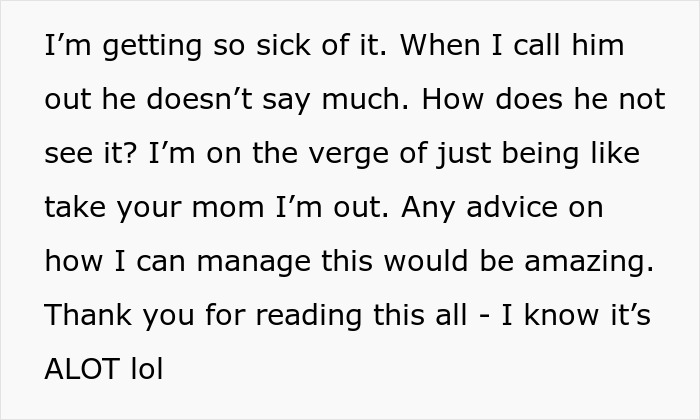 Alt text: Text expressing frustration about husband not standing up to his mother and considering walking away from the marriage
