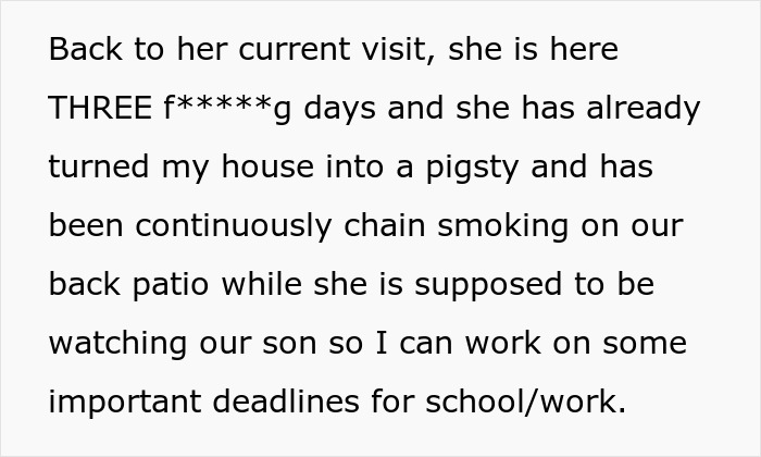 Text excerpt discussing a mother-in-law negatively impacting the household and responsibilities during her visit.