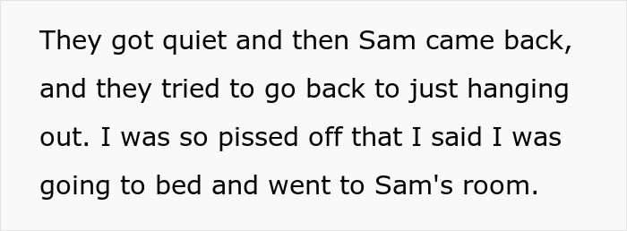 Text excerpt from a story showing frustration after an immature guy and his friends test his new girlfriend.