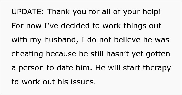Text update from a woman explaining her husband’s struggle with open marriage and his need to start therapy. Text update from a woman explaining her husband’s struggle with open marriage and his need to start therapy.